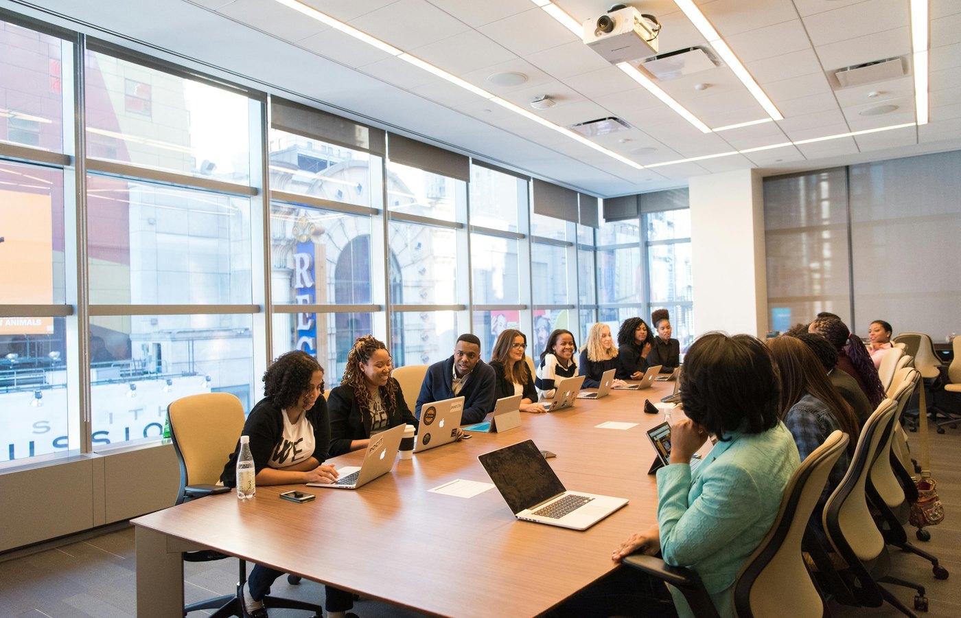 Conference table with business participants